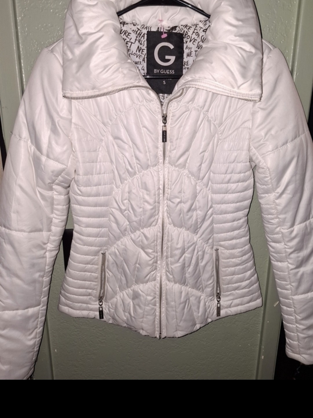 Guess Women's White Quilted Puffer Jacket with High Collar